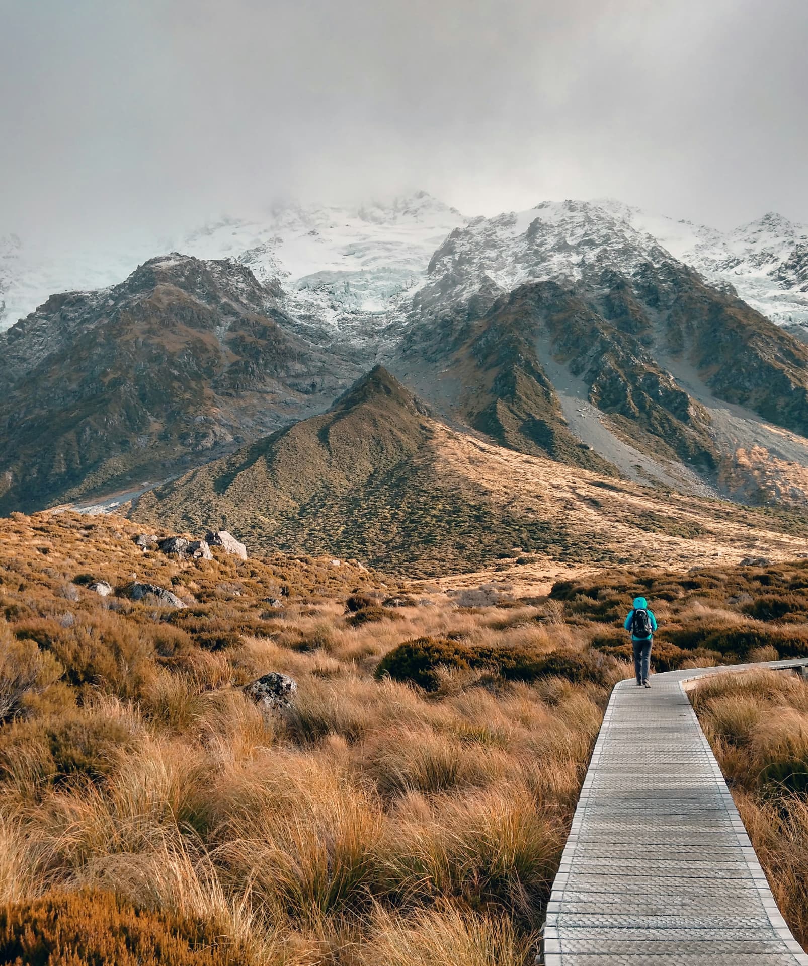 Hiker on a boardwalk facing the snow-capped Southern Alps